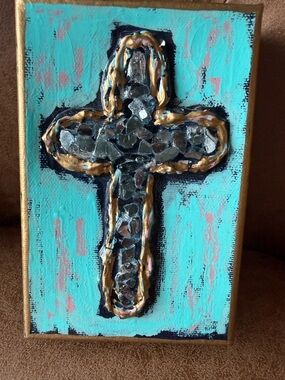 Turquoise Mosaic Cross Wall Art with Gold Accents